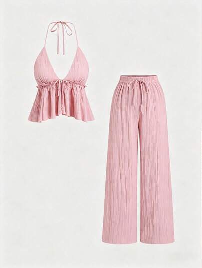 Sweetra 大码女装两件套：浪漫吊带背心，配腰带和荷叶边装饰；弹性腰带休闲裤