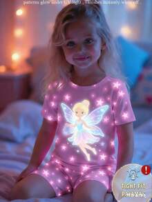 少女梦幻仙女星印花夜光可爱针织弹力面料舒适柔软圆领短袖短裤两件套睡衣 - 粉色 - 查看 1