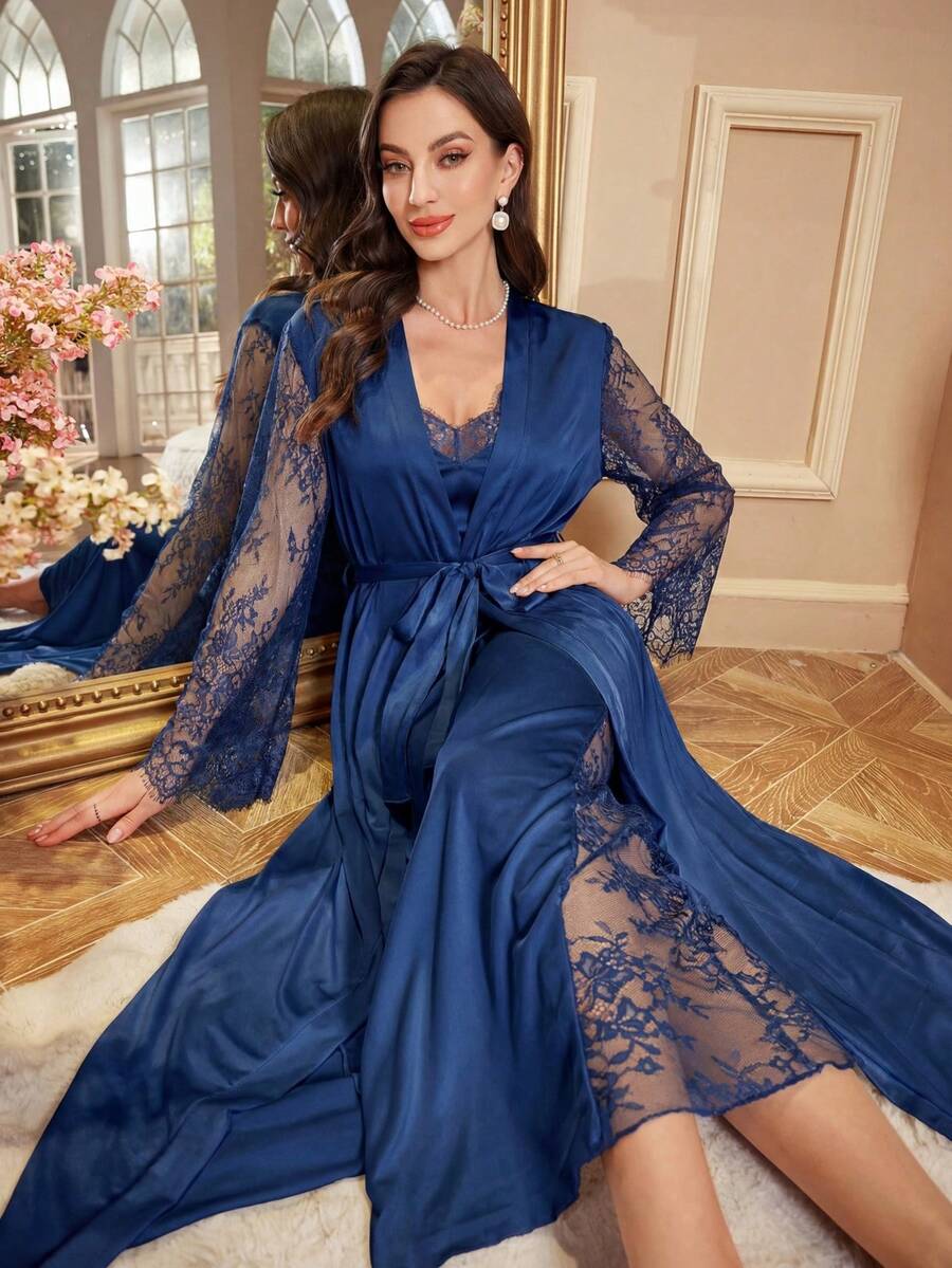 SHEIN Sexy High Slit Robe & Elegant Robe 2-Piece Sleepwear Set For Women, Autumn/Winter - Royal Blue - View 1