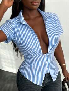 BamGleam French-Style Slim-Fit Blue And White Striped Short-Sleeved Sexy And Elegant Women's Blouse, Suitable For University Campus Wear. Button-Down Top, Blue Striped Shirt, New Summer And Autumn Style Women's Blue Striped Waist-Tie Slim-Fit Long-Sleeved Blouse, Back Tie, Deep V-Neck. - Blue and White - View 3