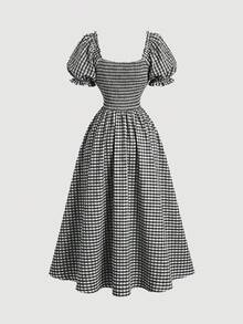 Skyraze Vestido con mangas de pétalo, cinturón de lazo y estampado de cuadros rojos y blancos - Negro - Ver 6