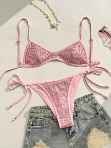 SHEIN Swim Vcay Bộ bikini gợi cảm thắt dây, đính sequin, có thể điều chỉnh dây, dành cho nữ, thích hợp cho kỳ nghỉ biển mùa xuân/hè. - Hồng - Xem 6