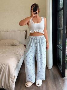 Napfluff CURVE Napfluff CURVE Plus Size Women Casual Comfortable Striped Cherry Print Drawstring Loose Straight Woven Pajama Pants - Baby Blue - View 4