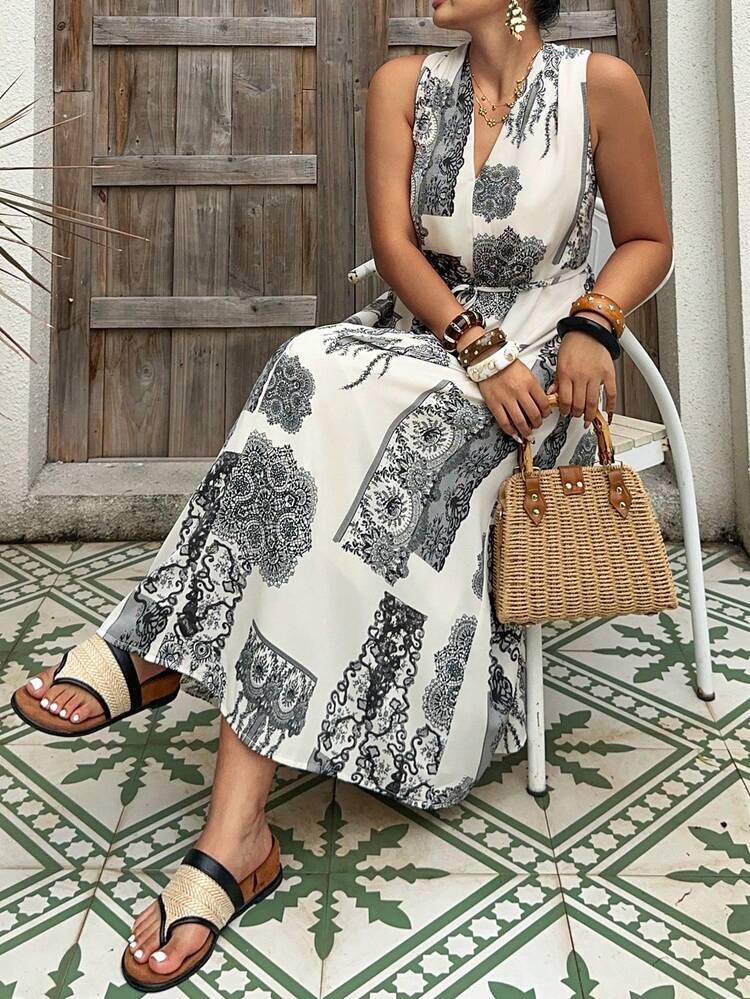 Dazy Plus V-Neck Sleeveless Belted Waist Floral Print Maxi Dress, Elegant Resort Style, Plus Size For Spring/Summer