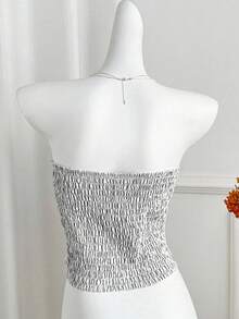 Sweetra Áo kiểu croptop không tay, trễ vai, dáng ôm, thắt nơ, kẻ sọc, thanh lịch và đa năng cho mùa xuân/hè. - màu đen - Xem 2