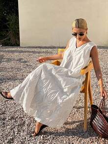 Livesso Damen V-Ausschnitt Casual Loose Straight Spitze Organza Strandkleid, elegant für Urlaub, Pendeln, Frühlings- und Sommerkleider für Frauen - Weiss - Übersicht 2