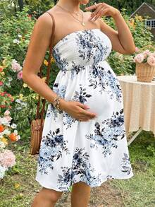 Boho Mama 孕妇碎花无袖连衣裙，夏季时尚 - 藍色 - 查看 7