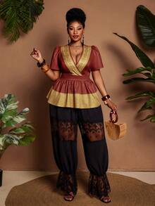 Maweii Blusa elegante de mujer con cuello en V, cintura ceñida, mangas abullonadas y dobladillo con volantes estampados, adecuada para uso diario, fiestas y trabajo - Marrón - Ver 2