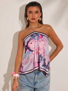 SHEIN BAE Áo kiểu nữ in hoa, cổ yếm, hở lưng, gợi cảm, đa năng, thích hợp cho hẹn hò và đi chơi. - Màu Hồng baby - Xem 1
