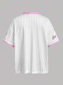 SHEIN Tween Girl Casual Daily Street Fashion V-Neck Pink Striped Numeric & Letter Print Loose T-Shirt Top - Pink - View 2