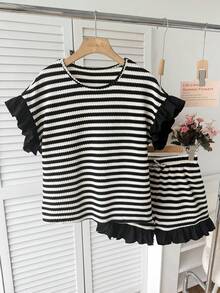 SHEIN 少女针织纹理条纹宽松短袖上衣和短裤套装，夏季休闲度假 - 黑與白 - 查看 2