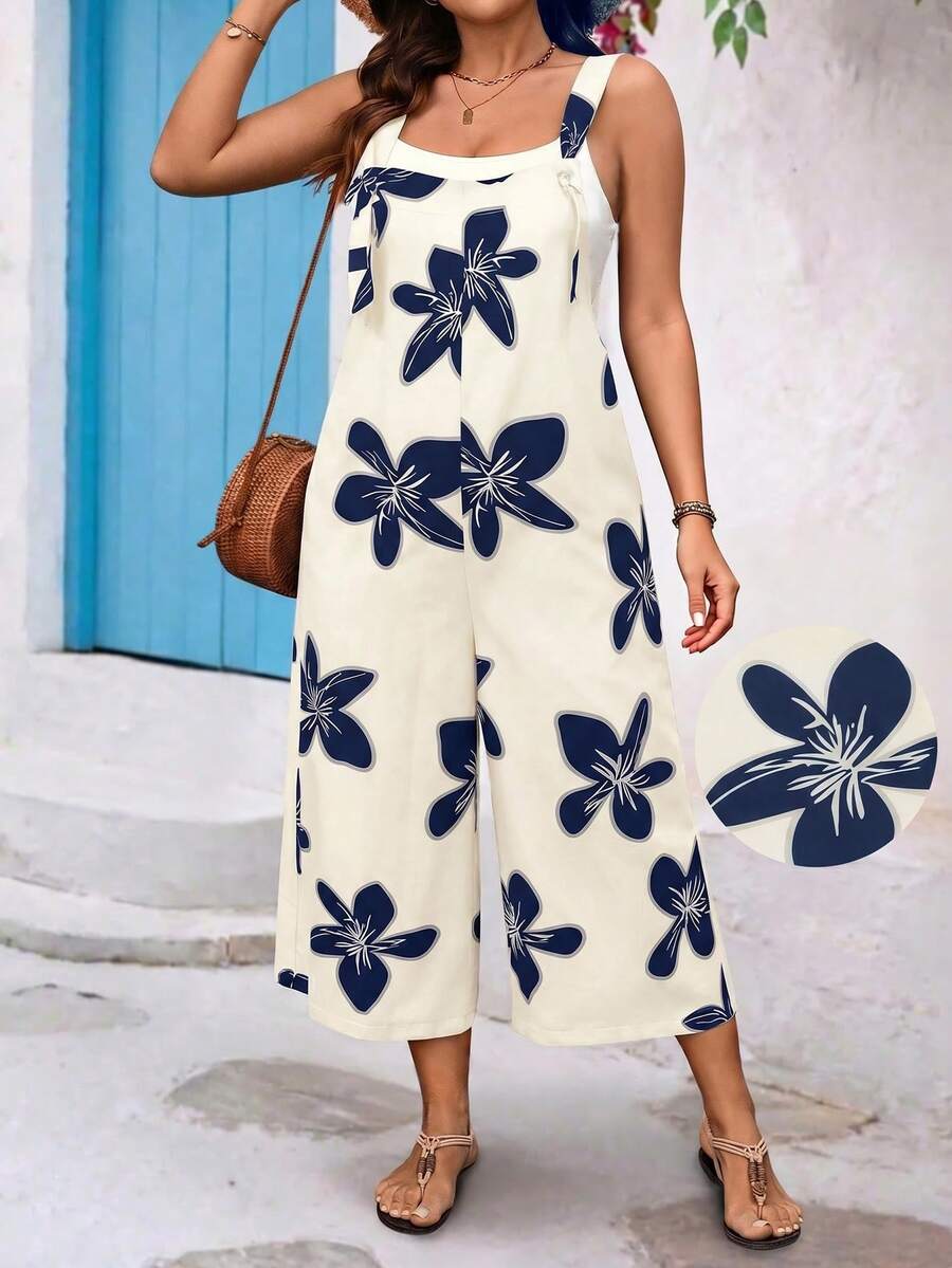 EMERY ROSE Plus Size Women Floral Print Casual Jumpsuit Pants - Multicolor - View 1