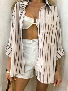 Plus Size Women Casual Striped Shirt - Apricot - View 3