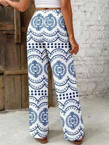 SHEIN Frenchy Quần nữ cạp chun in hoa phong cách retro bohemian, thích hợp cho kỳ nghỉ biển, tiệc cưới, đi chơi, đi làm, phong cách thanh lịch. - Nhiều màu - Xem 2