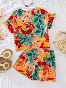 Tween Girls Summer Beach Vacation Tropical Floral Print Round Neck Ruffle Sleeve Top Shirt And Loose Shorts Woven T-Shirt Set - Multicolor - View 4