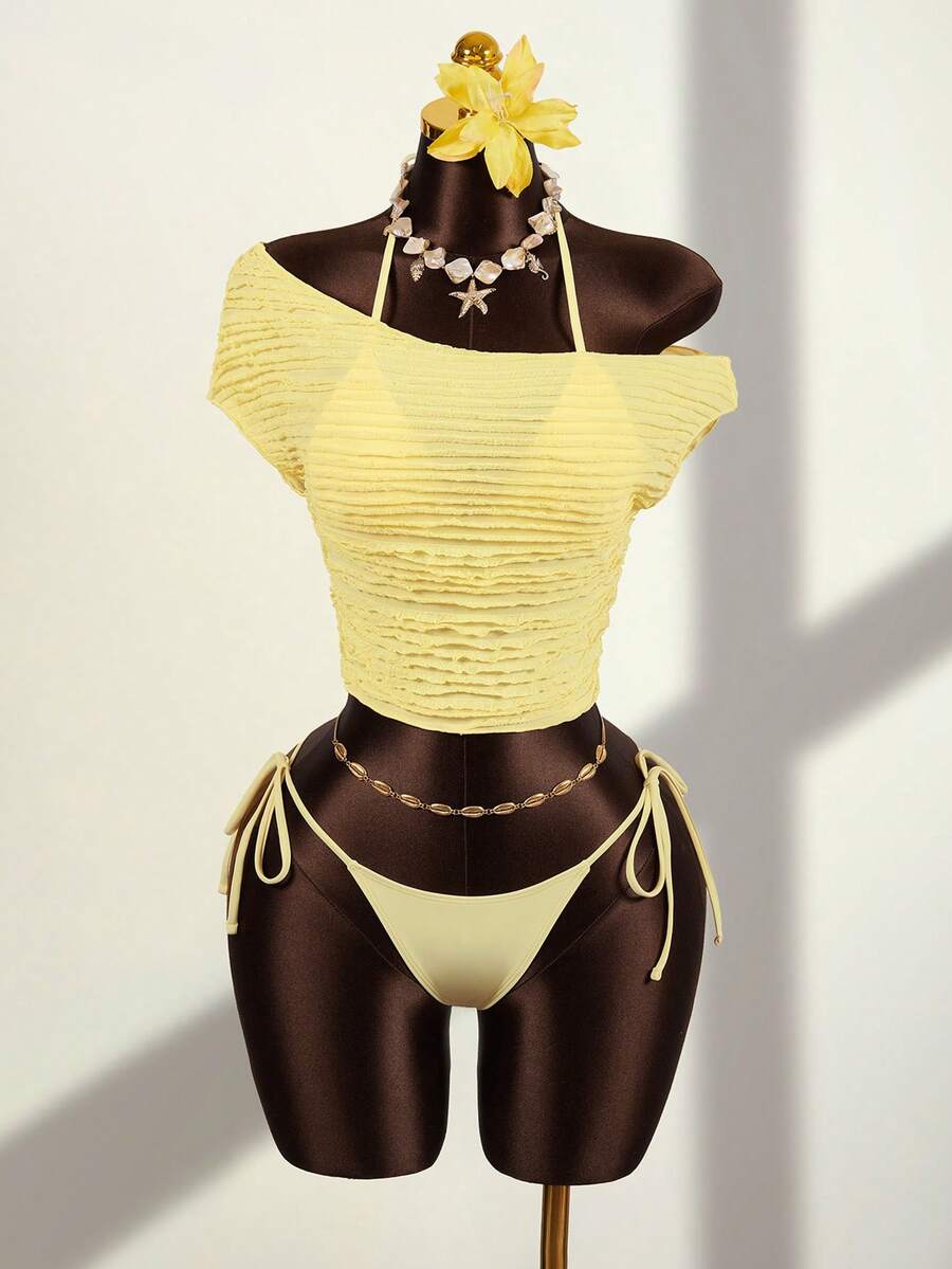 Zestiva Conjunto de playa de 3 piezas para mujer: Top de bikini triangular amarillo sólido con cuello de atar, Bottom con lazos laterales y camiseta asimétrica de hombro, traje de baño de tela especial - Amarillo - Ver 1