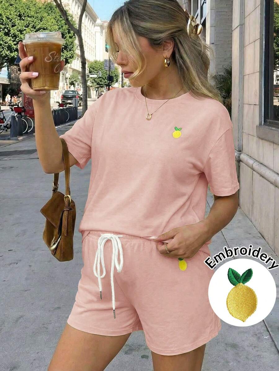Lyckli Maternity Lemon Embroidery Short Sleeve T-Shirt And Shorts Casual 2 Pieces Set - Pink - View 1