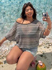 SHEIN EZwear Bohemian Colorful Striped Irregular Neck Off-Shoulder Short Sleeve Plus Size T-Shirt, Spring/Summer - Black - View 4