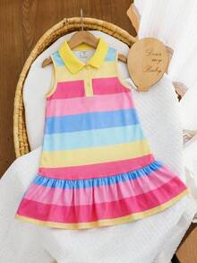 Young Girl Casual & Home Cute Rainbow Striped Button Front Sleeveless Ruffle Hem A-Line Polo Dress - Multicolor - View 4