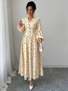 Modelyn 女士梭织印花荷叶边长袖纽扣腰A字连衣裙 - 黃色 - 查看 6