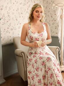 CottageSlumber Floral Print Tie-Waist Backless Long Nightgown, Plus Size - Multicolor - View 7