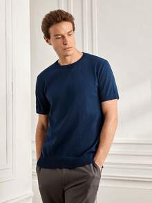 Officeau Men's Casual Solid Color Short Sleeve Pullover Knit Top, Spring/Summer - Navy Blue - View 5