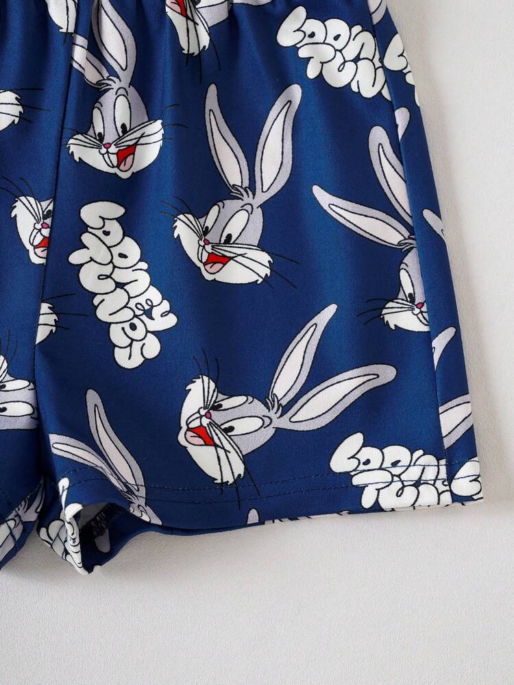 LOONEY TUNES X SHEIN Baby Boy Colorblock Round Neck Short Sleeve Cute Print Pajamas, Summer - Blue - View 6