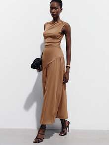 Aveloria Modichic Đầm chiffon thanh lịch, gợi cảm, nhẹ nhàng, thiết kế xếp ly, thắt eo bất đối xứng dành cho phụ nữ - Màu Khaki - Xem 5