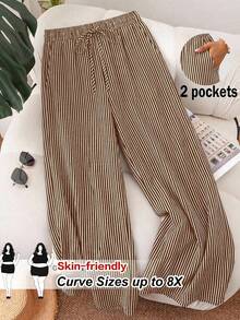 SHEIN CURVE+ Quần short đi biển kẻ sọc mới dành cho nữ cỡ lớn, thích hợp cho mùa xuân/hè, phù hợp cho các dịp như Ngày Valentine, kiểu dáng thời trang để đi làm, quần ống rộng kẻ sọc có túi. Thích hợp cho kỳ nghỉ biển/kỳ nghỉ sinh viên. - màu nâu - Xem 1
