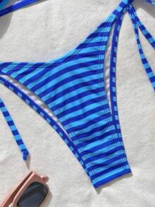 Swim Mod Conjunto de bikini de dos piezas con estampado tropical a rayas para mujer, ropa casual de resort - Multicolor - Ver 6