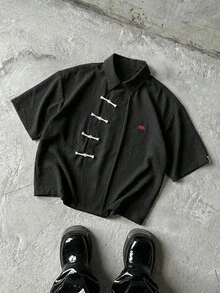 Polyester Blend Crinkle Red Bear Short Sleeve Asymmetric Shirt - Black - View 2