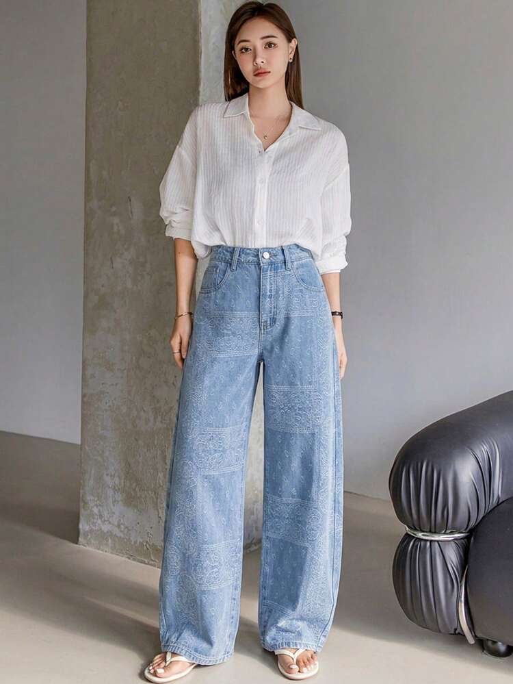 Women's Textured Pattern Print Loose Banana Jeans, Suitable For Spring And Summer Boho