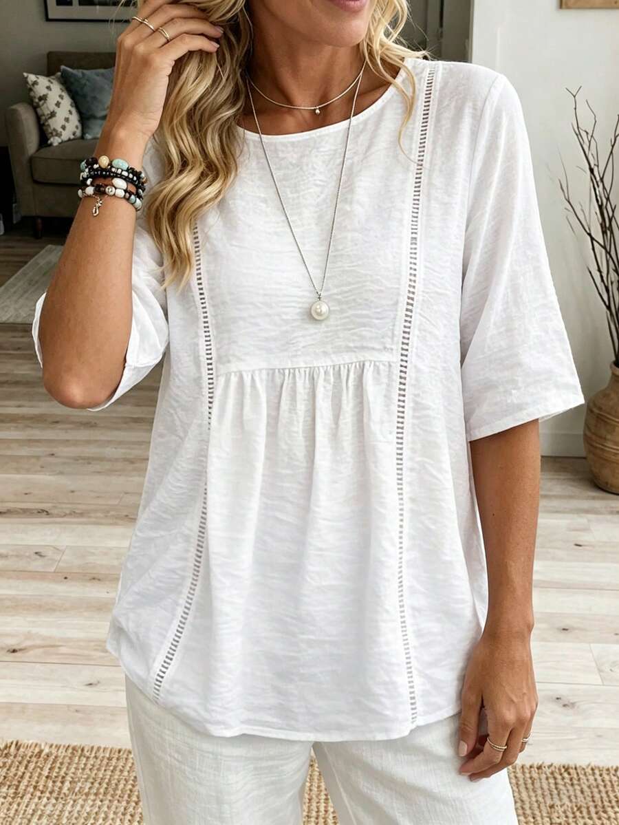 EMERY ROSE Vacation Style Casual Hollow Out White Shirt - White - View 1