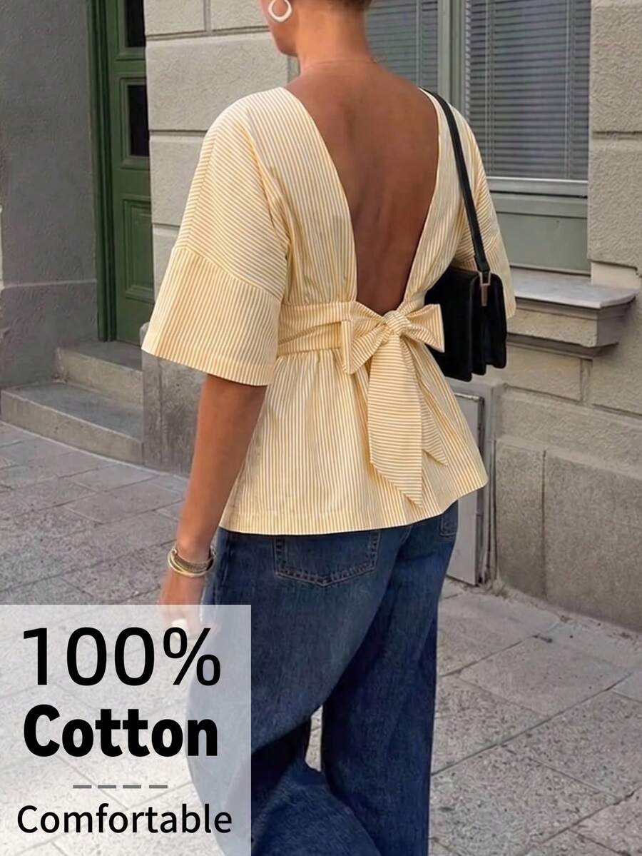 Aloruh Women's Elegent Round Neck Backless Bow Decor Fitted Blouse,Milky White And Yellow Summer Holiday Vacation, School Everyday Casual Top - Yellow - View 1