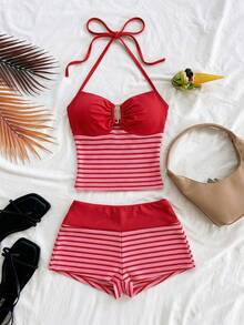 Soleia 两件套度假休闲条纹针织纹理金属扣吊带露脐上衣和短裤套装，适合派对、情人节、约会之夜、夜店、波西米亚风、复古风、假日等场合。 - 紅色 - 查看 3