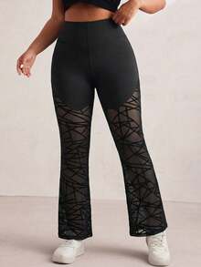 SHEIN Rhythm Era Plus-Size Women's High-Waisted Geometric Mesh Flared Sweatpants - Black - View 4