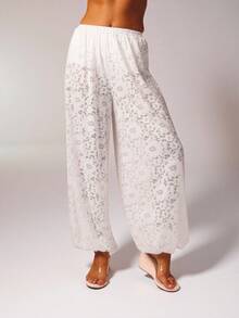Aralina Summer Women's Fully Unlined Sheer Full Lace Cute Going Out Party Or Beach Ballon Pant - White - View 6