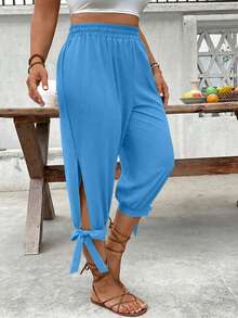 Breezaya Plus Size High Waist Drawstring 7/8 Pants, Spring/Summer - Blue - View 7
