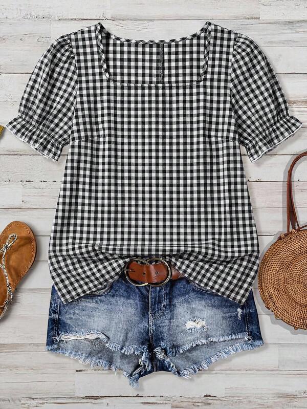  SHEIN VCAY Plus Size Women Summer Casual Textured Fabric Puff Sleeve Square Neck Blouse Plus Size Summer Casual Plaid Petal Sleeve Shirt