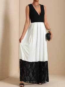 Vesra 女士深V领褶皱休闲派对中长连衣裙 - 黑與白 - 查看 5