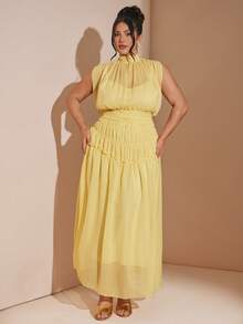 SHEIN BAE Stand Collar Tie-Up Waist Off-Shoulder Dress, Versatile - Yellow - View 6