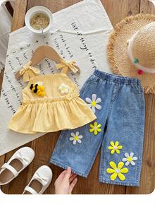 2 Pieces Baby Girl Blue And Yellow Striped,Summer,Cute,Vacation Set,Textured Tank Top & Flower Embellished Denim Straight-Leg Pants Toddler Outfits - Yellow - View 3