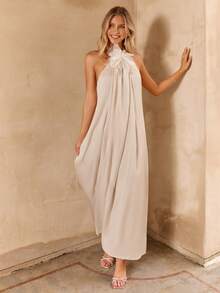 Enchnt Women's White Floral Summer Elegant Wedding Guest Apricot Halter Backless Solid Color 3D Floral Vacation Dress,Stylish&Elegant For Holiday&Date - Apricot - View 6