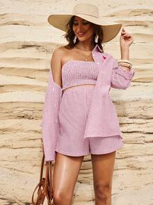 Boho Mama Pink And Blue Autumn Outfits,Maternity Cotton Set,Boho Heart Embroidery Long Sleeve Shirt,Tube Top Adjustable Shorts,Beach Holiday Resort Style - Pink - View 5