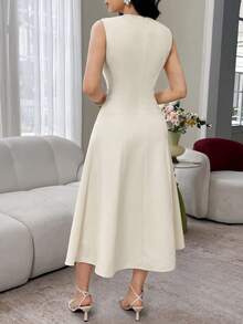 Feyla Damen Einfarbiges Kleid mit Kontrast-Spitze, elegantes ärmelloses Midi-Kleid - Aprikosenfarben - Übersicht 3