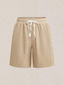 Mercer Haus Men Letter Patched Drawstring Bermuda Waist Shorts - Apricot - View 1