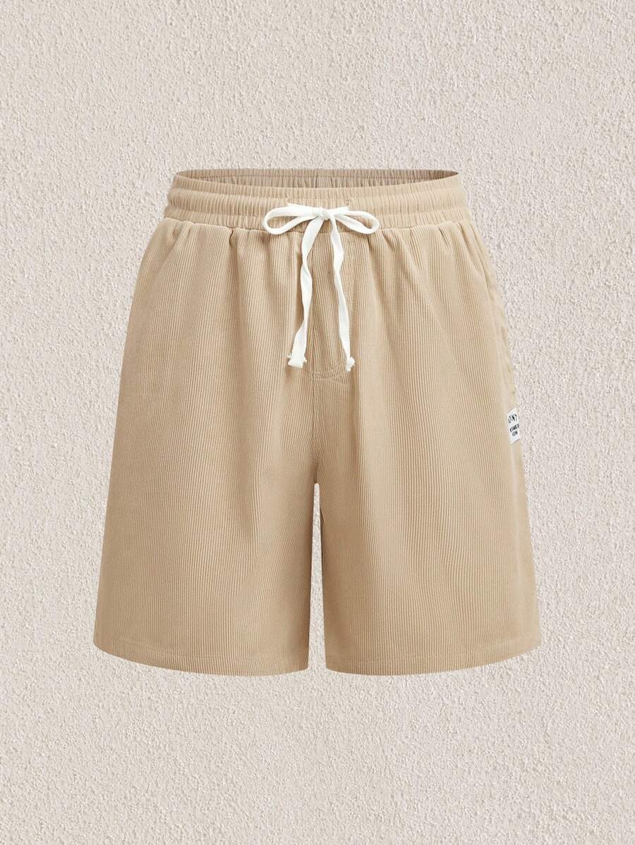 Mercer Haus Men Letter Patched Drawstring Bermuda Waist Shorts - Apricot - View 1