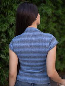 Andrea Bello 女士休闲条纹 Polo 领短袖前扣 T 恤 - 藍色 - 查看 2