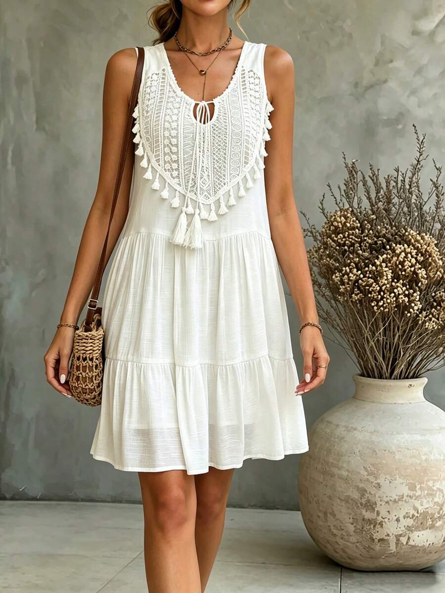 LUMIGAL Vestido largo con dobladillo con volantes, cuello con lazo y adorno de flecos para vacaciones y playa para mujer - Blanco - Ver 1