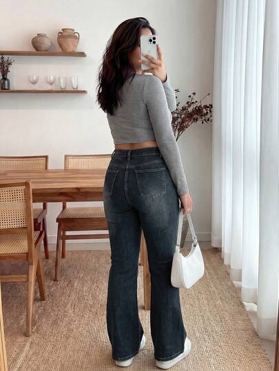 Enliva Plus Size Casual Washed High Waist Slim Fit Flare Jeans, For Apple And Rounded Body Shape